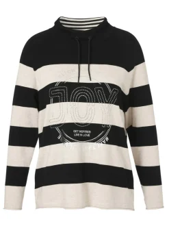 Bicolor Streifen-Feinstrick-Pullover mit Front-Motiv