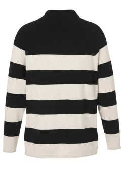 Bicolor Streifen-Feinstrick-Pullover mit Front-Motiv