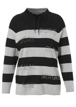 Gestreifter Feinstrick-Pullover Schwarz/ Grau Melange