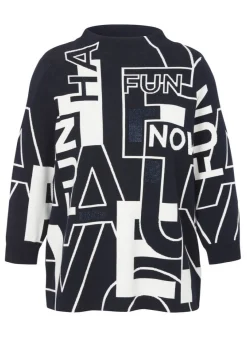 Kelchkragen Feinstrick-Pullover Marine mit Print