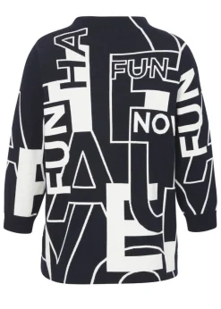Kelchkragen Feinstrick-Pullover Marine mit Print