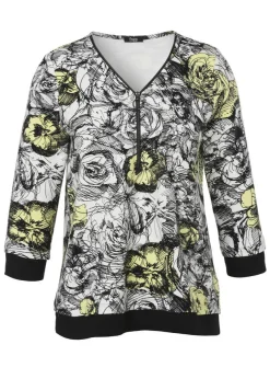 Print-Sweatshirt mit Zier-Zipper am V-Ausschnitt